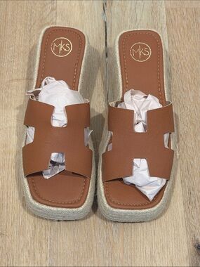 MKS Brown Leather Slide Sandals with Espadrille Platform 40 (9/10 US)